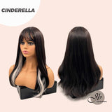 JBEXTENSION 22 Inches Black With Grey Highlight Wig With Bangs CINDERELLA（Halloween)