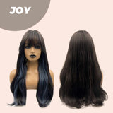 JBEXTENSION 24 Inches Soft Black With Blue Highlight Curly Wig With Bangs JOY