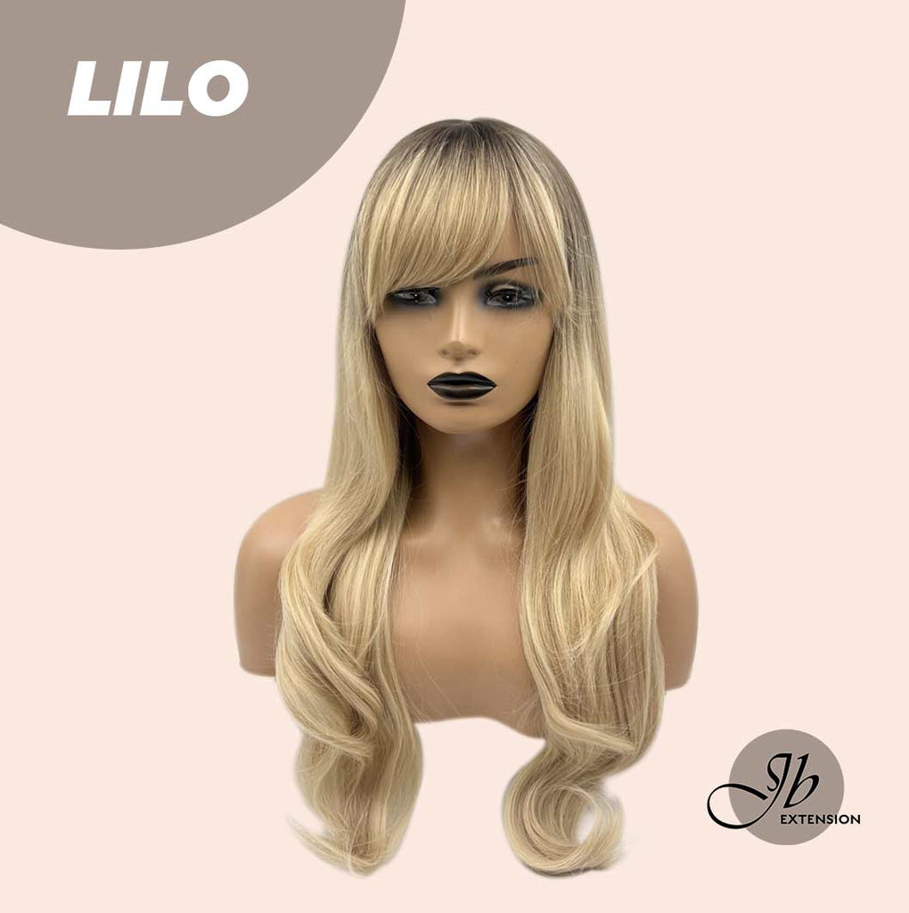 JBEXTENSION 25 INCHES BLONDE WITH DARK ROOT CURLY WIG WITH BANGS LILO