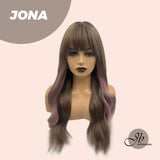 JBEXTENSION 24 Inches Brown With Pink Highlight Curly Wig With Bangs JONA