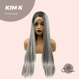 JBEXTENSION 30 Inches Grey With Highlight With Dark Root Straight Long Hair Side Part Frontlace Wig KIM K