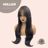 JBEXTENSION 26 Inches Soft Black Curly Zig Zag Part Wig With Bangs MILLER